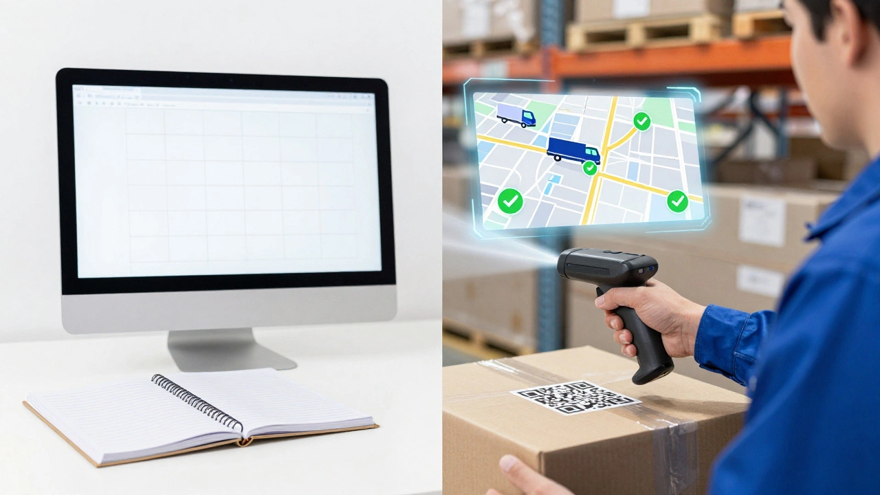 Warehouse worker using a QR scanner with a holographic real-time tracking interface.