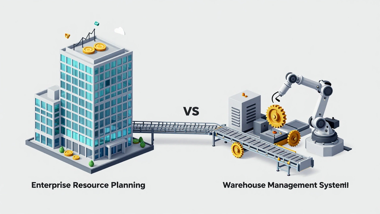 3D illustration contrasting a corporate tower with an industrial machine