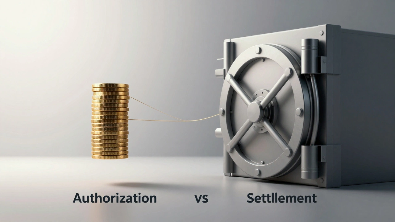 Abstract art showing hovering coins for authorization and a closing vault for settlement