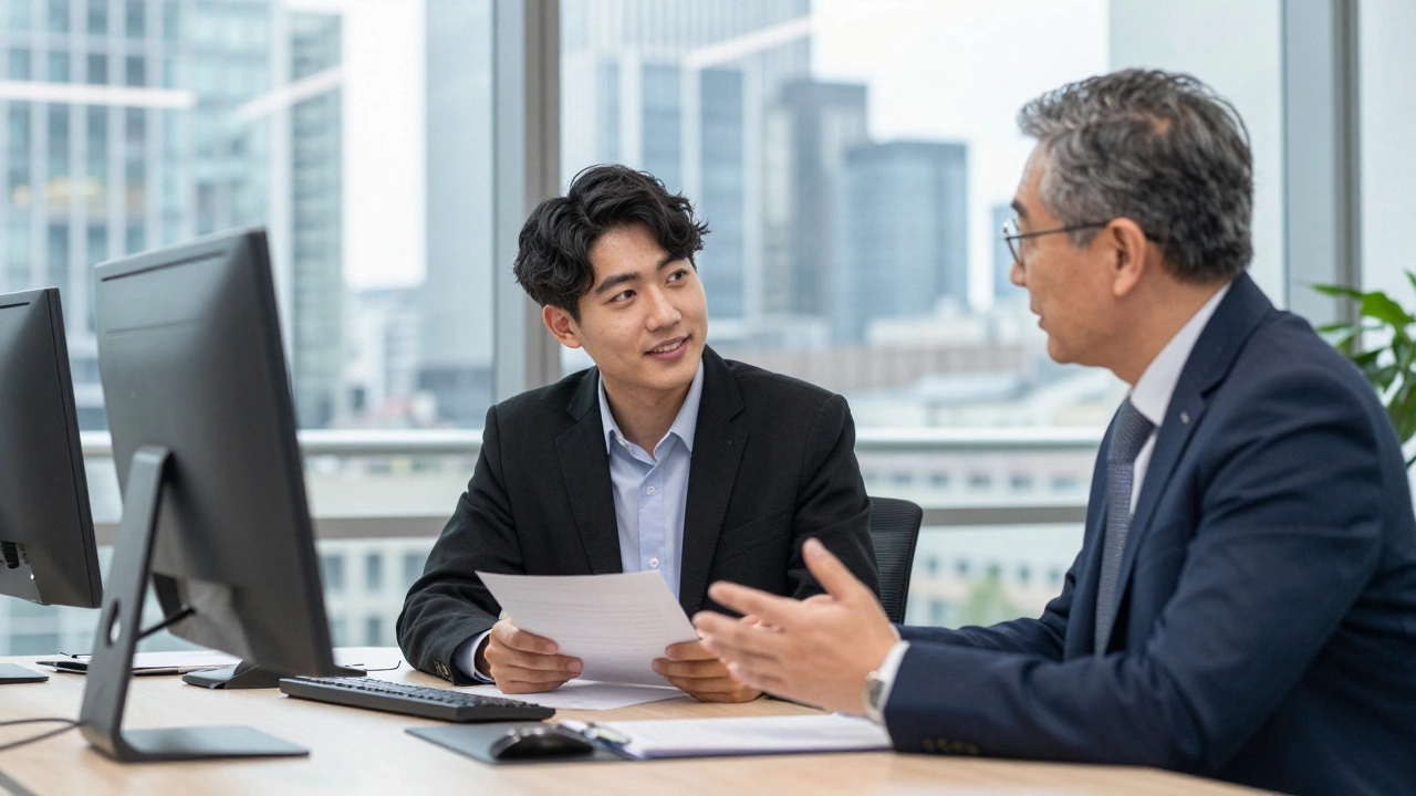 Career advisor mentoring a logistics graduate in a London office