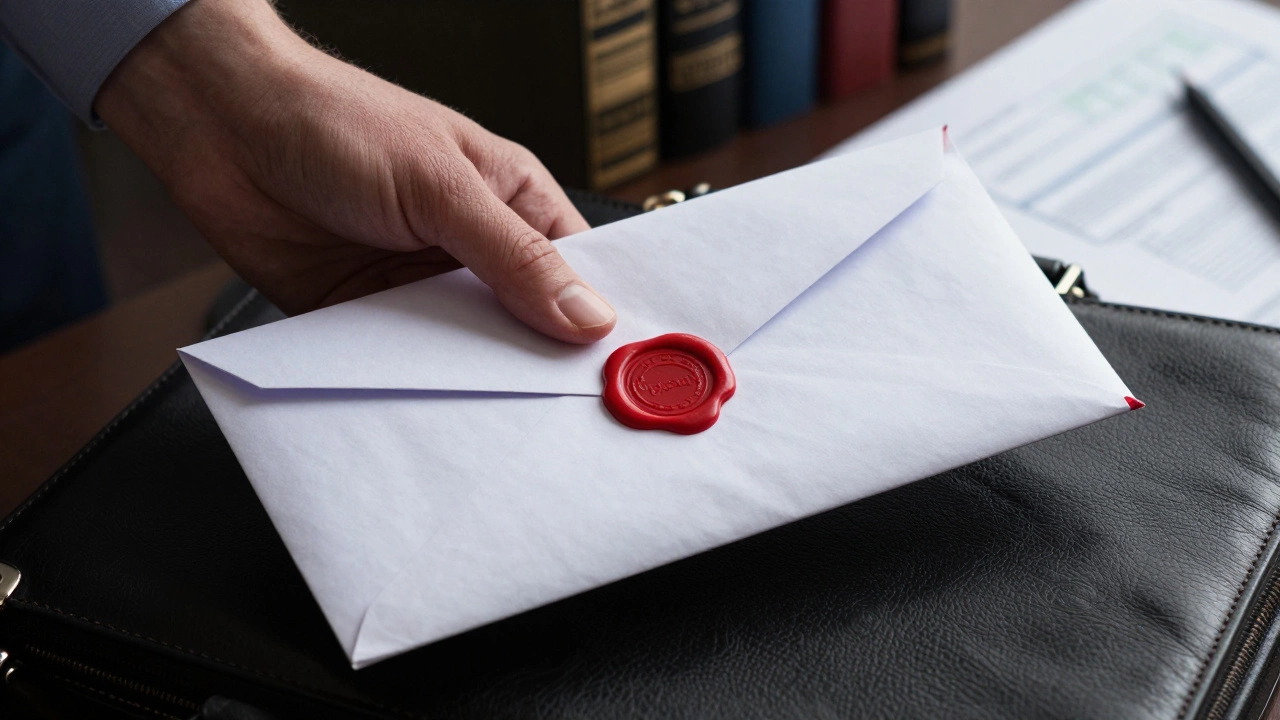 Close-up of a hand holding a secure, sealed document envelope for urgent delivery