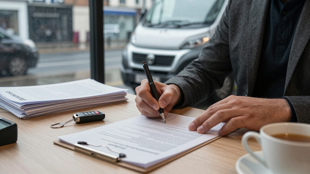 Close-up of contract signing and van keys on a desk in London.