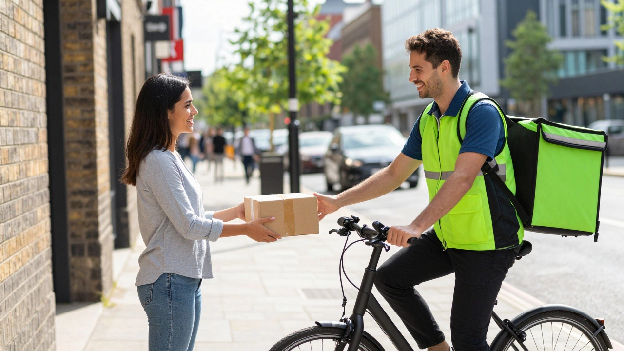 Courier on an electric bike delivering a package to a customer on a city street