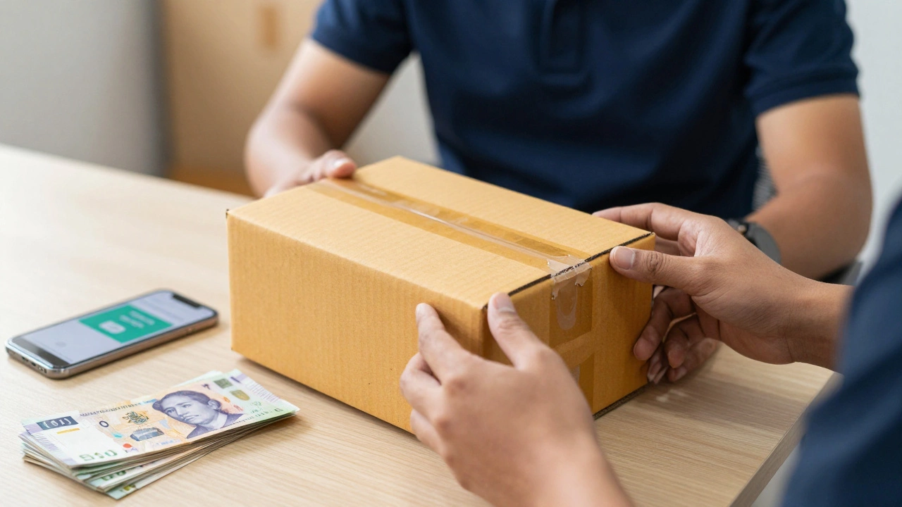 Customer inspecting package before paying cash or using digital wallet
