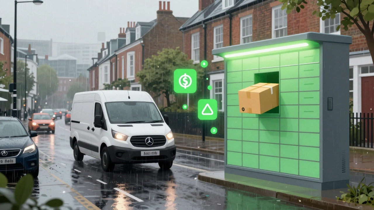 Delivery van in city traffic next to a smart parcel locker