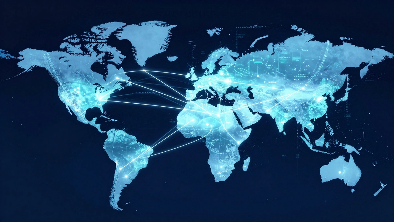 Digital art of global logistics networks connecting UK cities worldwide