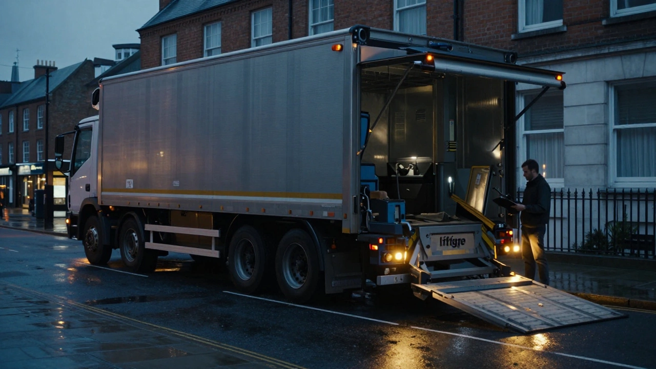 Freight truck with liftgate lowered on a wet city street