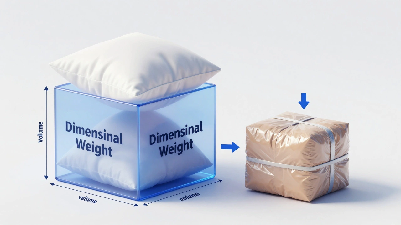 Illustration comparing a bulky unpacked pillow to a vacuum-sealed compact package.
