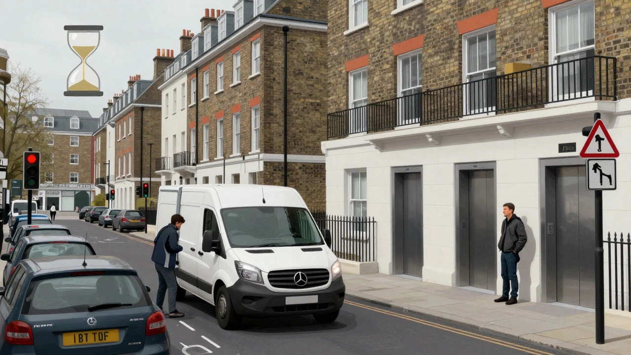 Illustration of delivery delays caused by parking issues and elevator waits in cities.