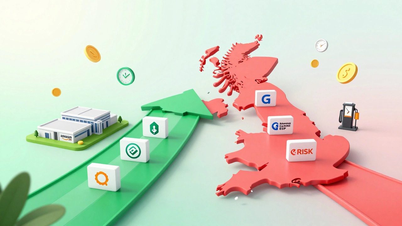Illustration of two diverging business paths for delivery routes in UK.