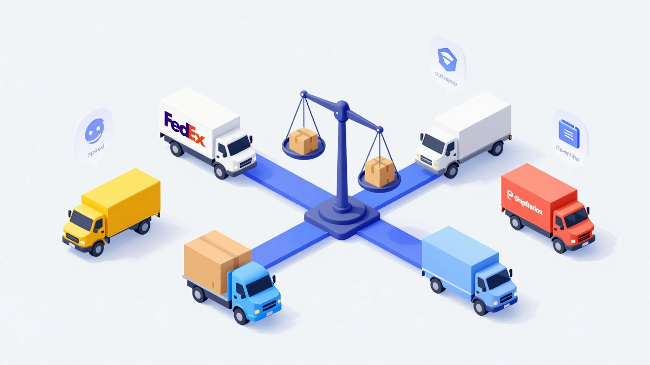 Isometric graphic comparing single carrier vs multi-carrier shipping