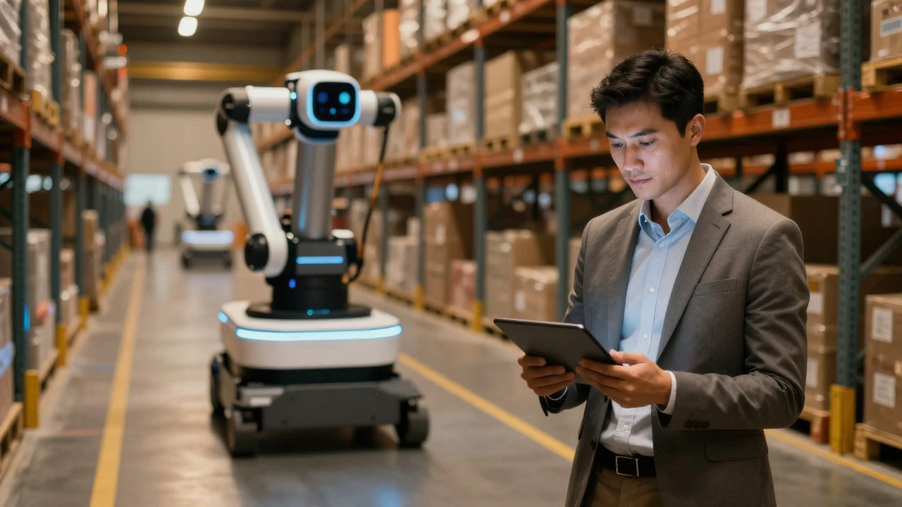 Logistics manager overseeing automated robots in a high-tech warehouse facility