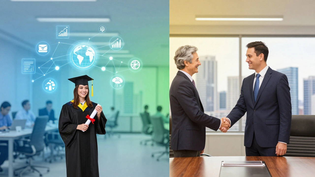 Split image showing a graduate with data icons and an executive in a boardroom