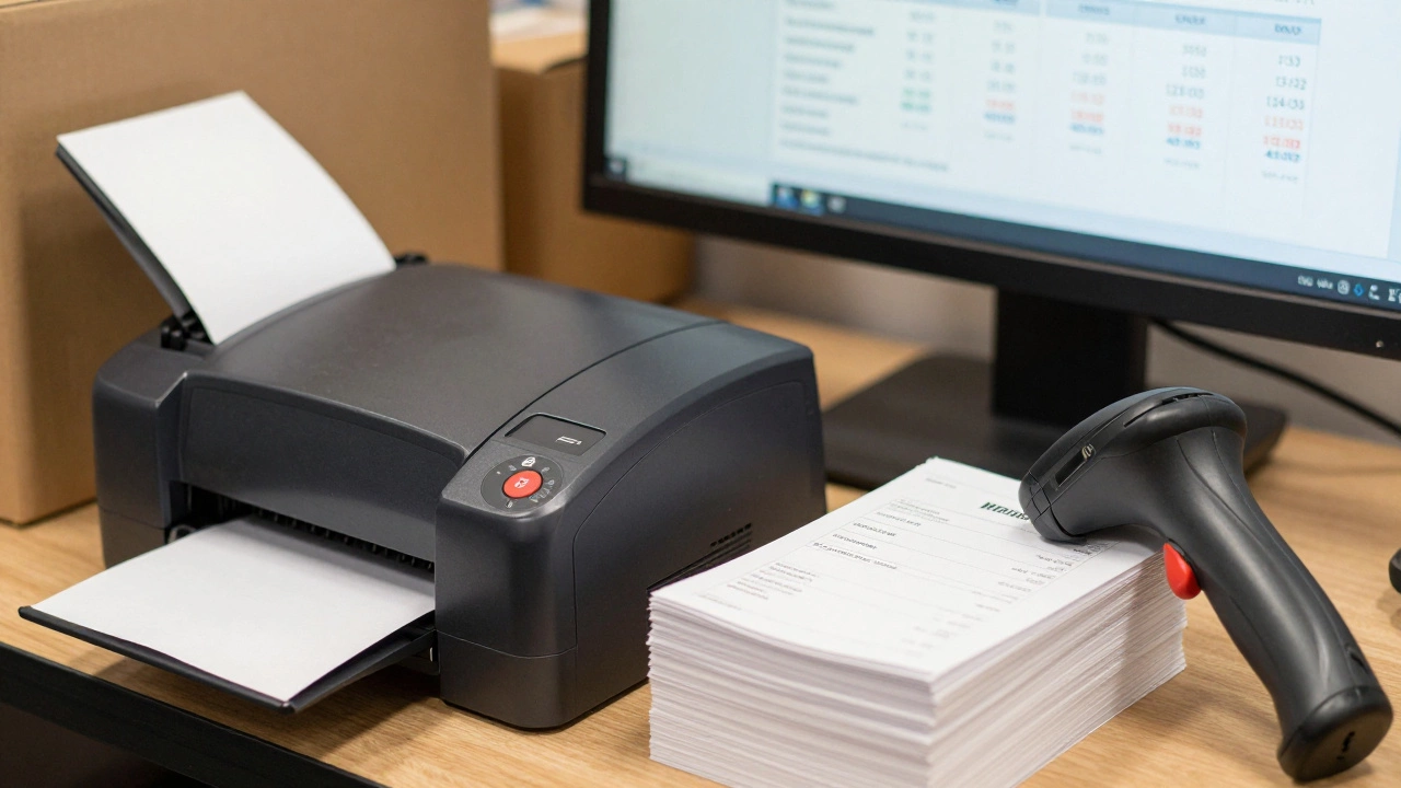 Thermal printer and shipping labels on a busy business desk