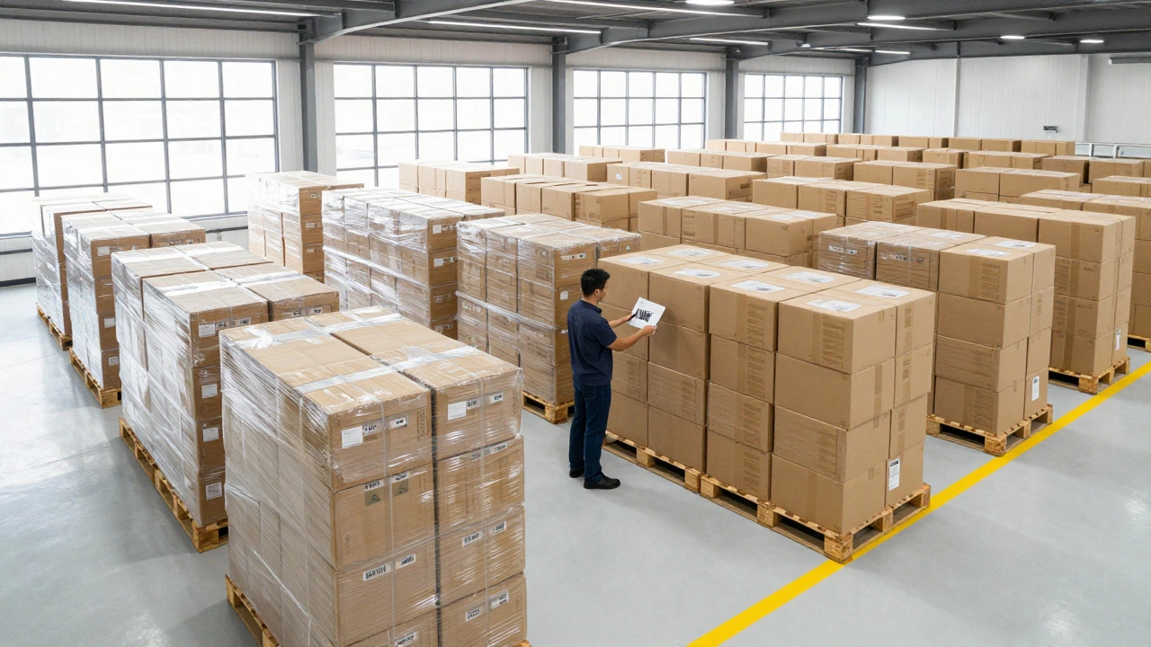 Worker scanning a consolidated package in a bright, organized logistics warehouse.