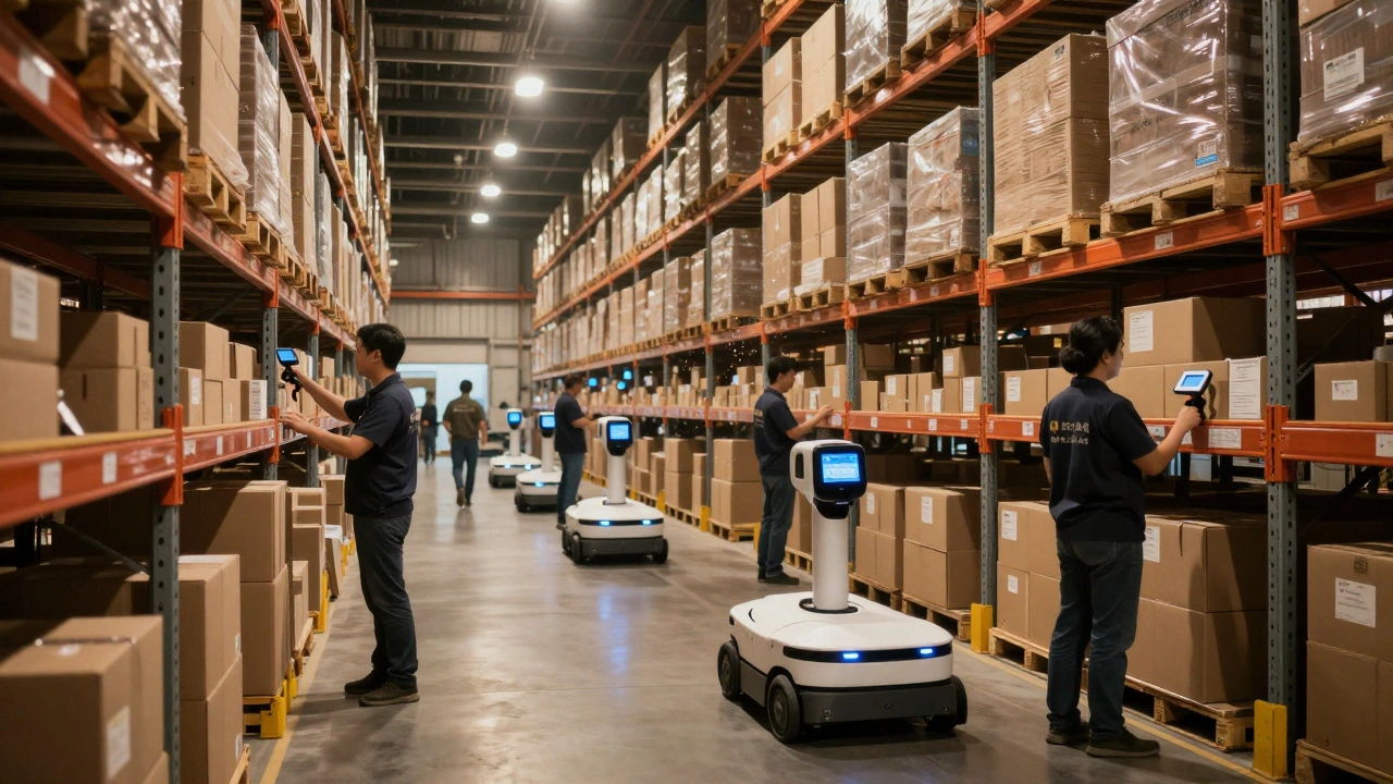 Workers and robots in a busy modern fulfillment center