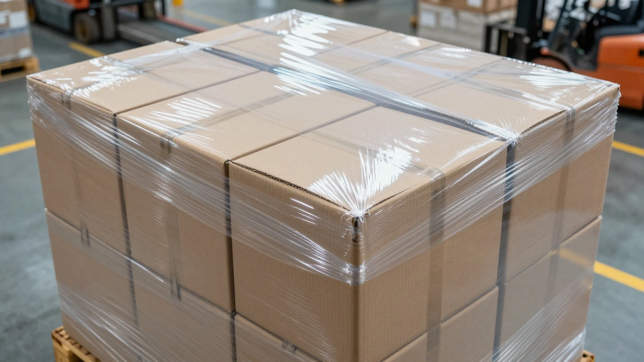 Boxes stacked and wrapped in shrink film