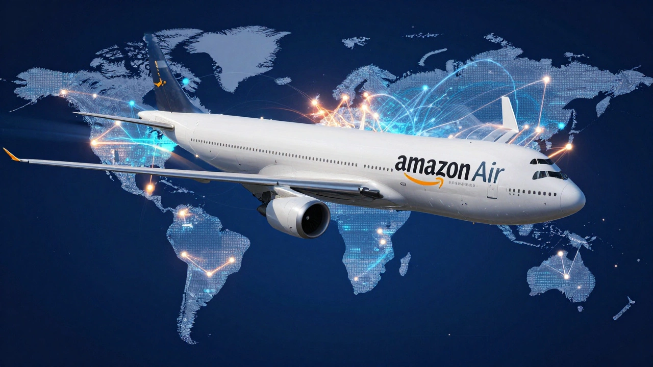 Cargo plane flying over a digital network map of global routes