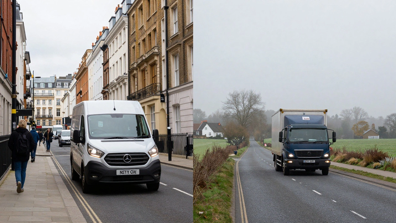Contrast between fast city delivery and slow rural transport routes