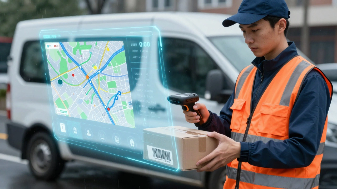 Courier using handheld scanner with holographic route map overlay
