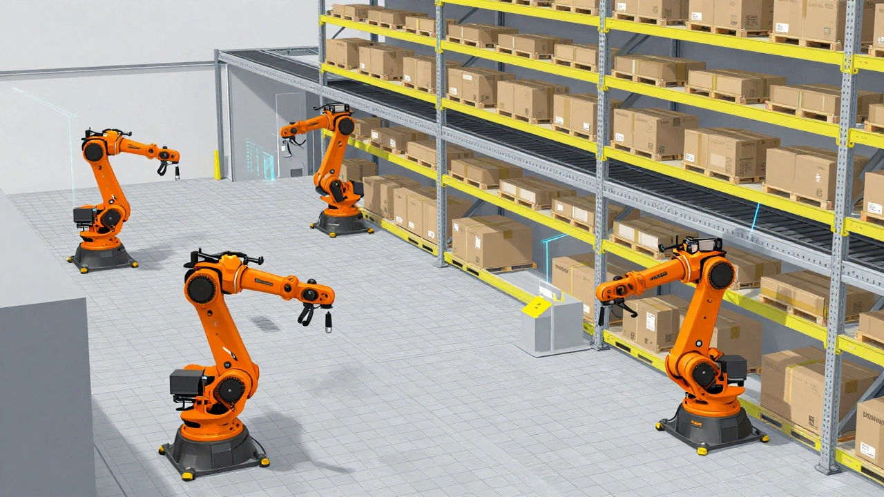 Cutaway view of automated warehouse robots and conveyor systems