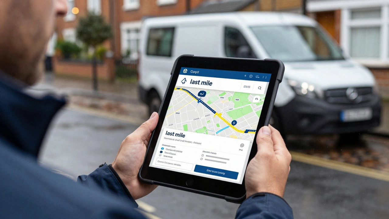 Delivery driver using tablet for route optimization on UK street