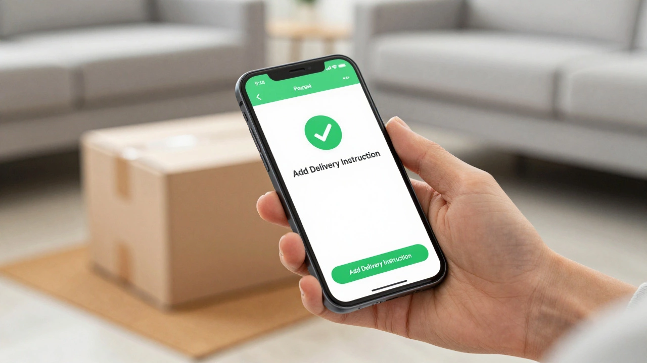 Hand holding smartphone showing parcel tracking app delivery instruction option