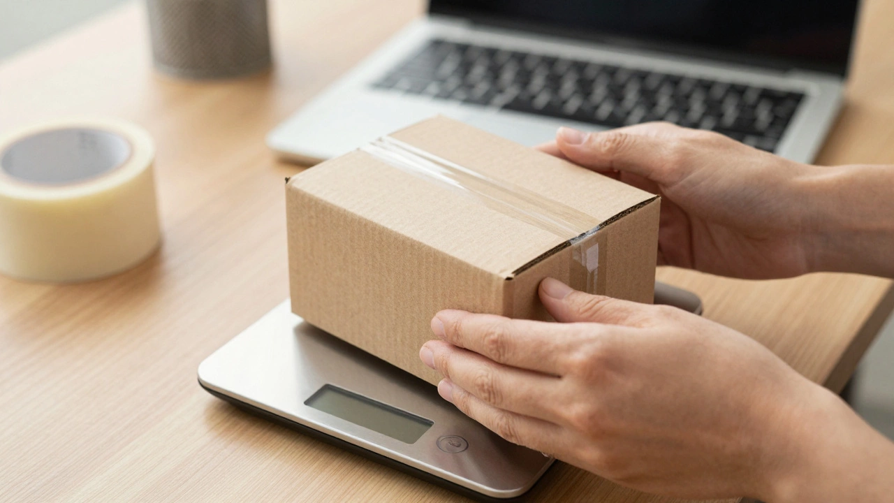 Hands weighing a small parcel on a digital scale in a home office