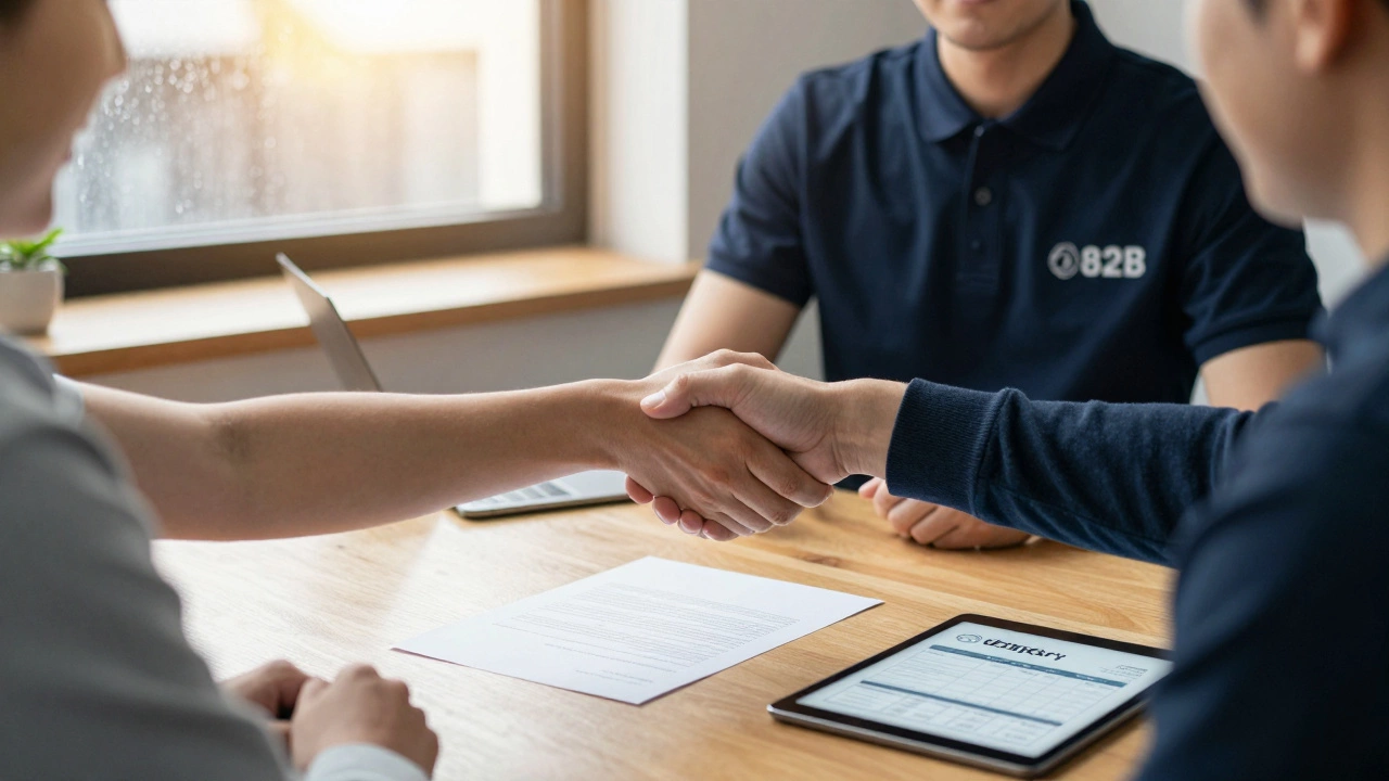 Handshake between courier and business owner signing a partnership deal
