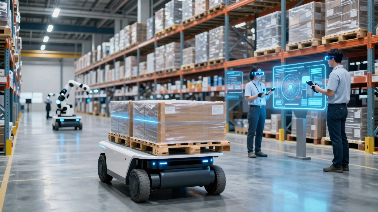 Modern automated warehouse with robots and AR workers
