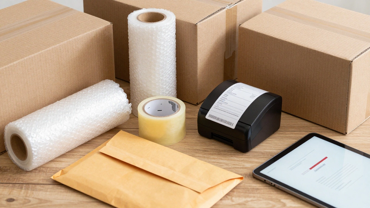 Packaging supplies, thermal printer, and tablet on a wooden desk