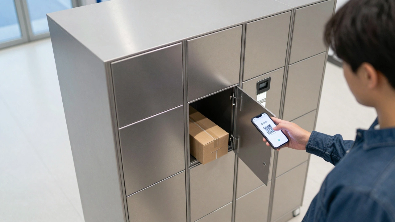 Person scanning QR code to access a secure automated parcel locker