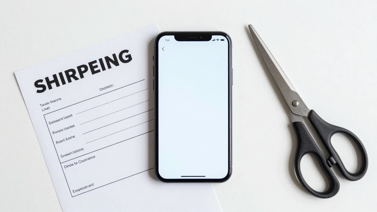 Smartphone, shipping label, and scissors on a white desk surface