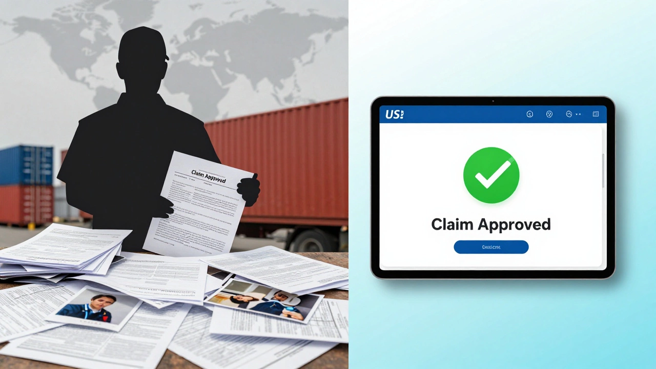 Split screen showing denied claim paperwork vs approved digital claim