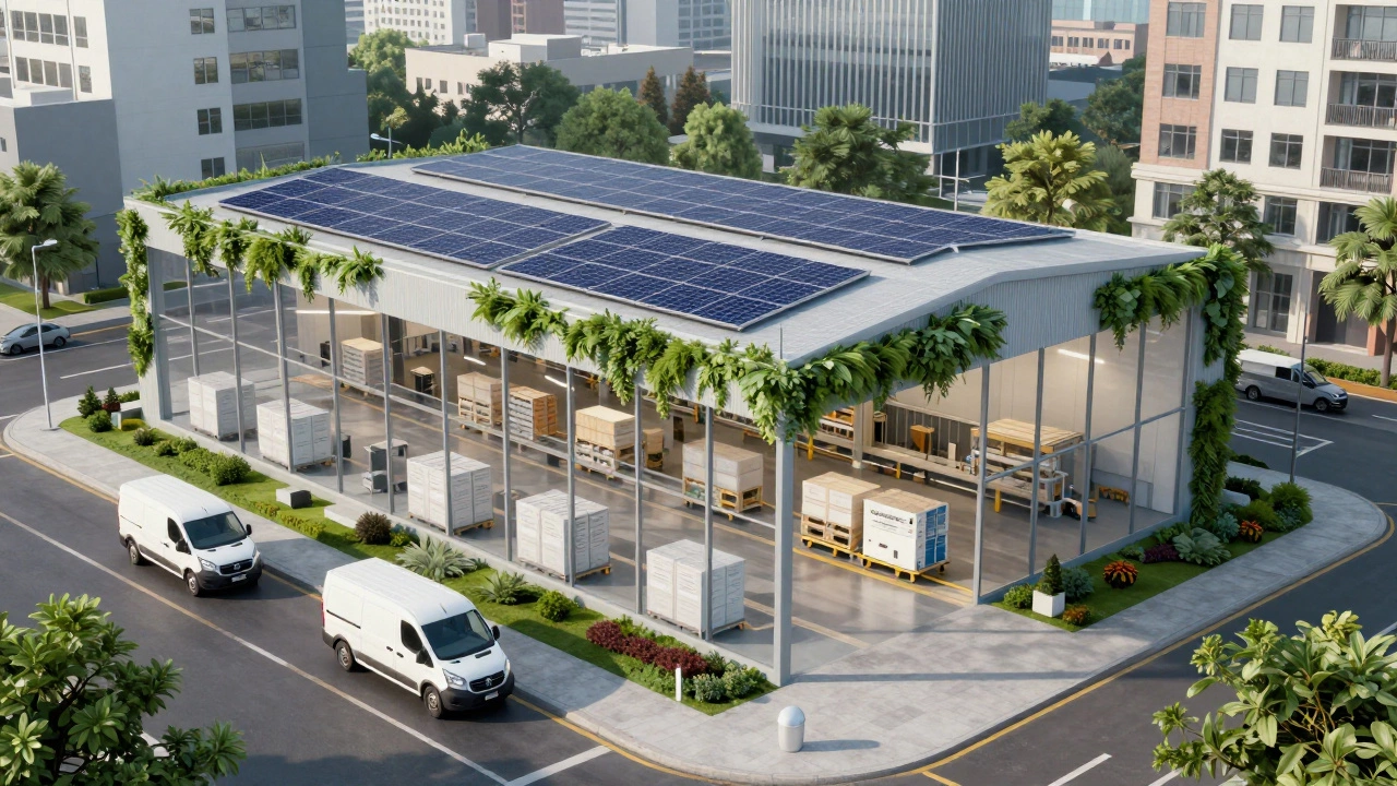 Sustainable urban micro-fulfillment center with solar panels