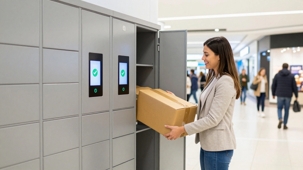 Woman collecting a parcel from a secure smart locker station
