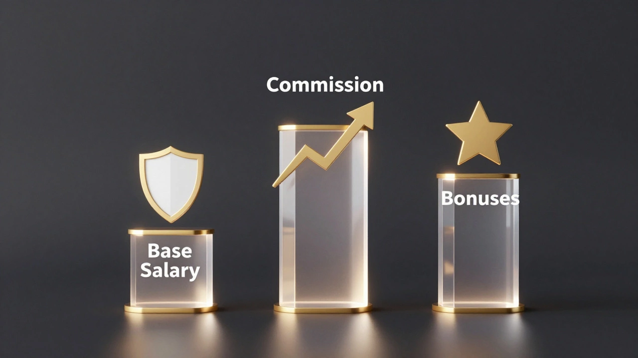 Abstract 3D illustration of salary, commission, and bonus pillars