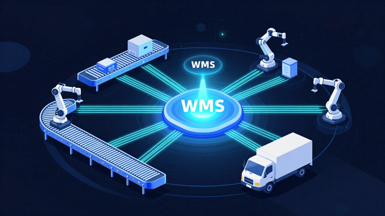 Abstract visualization of connected warehouse software systems and data flow.