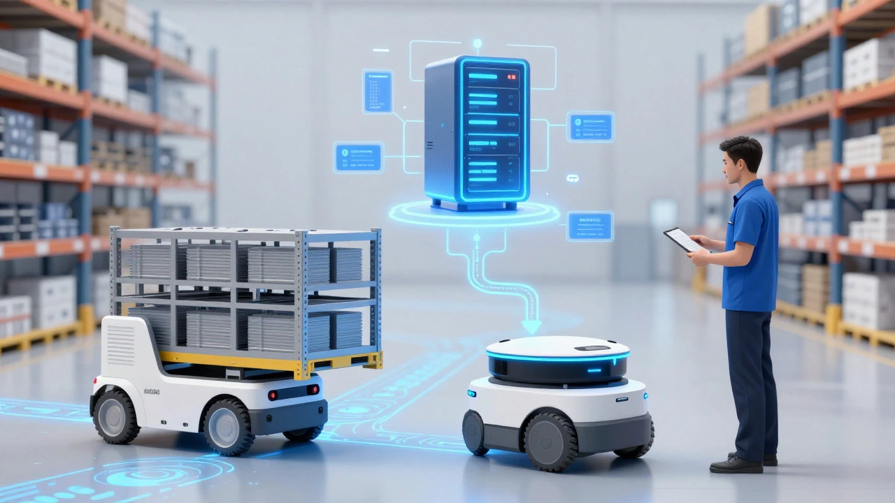 Autonomous robot delivering shelf to picker in automated fulfillment center