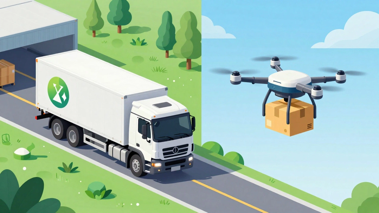 Autonomous trucks and drones operating in a sustainable, green logistics facility.