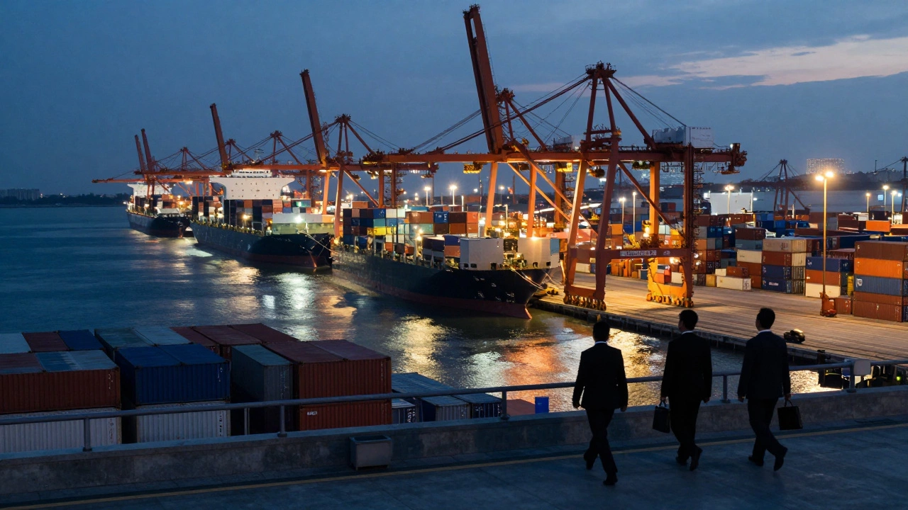 Business executives walking near busy international shipping port at dusk