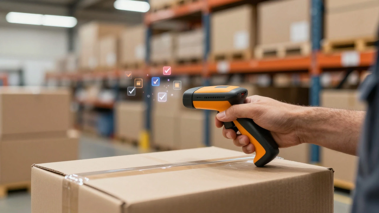 Close-up of hands using barcode scanner on box at packing station