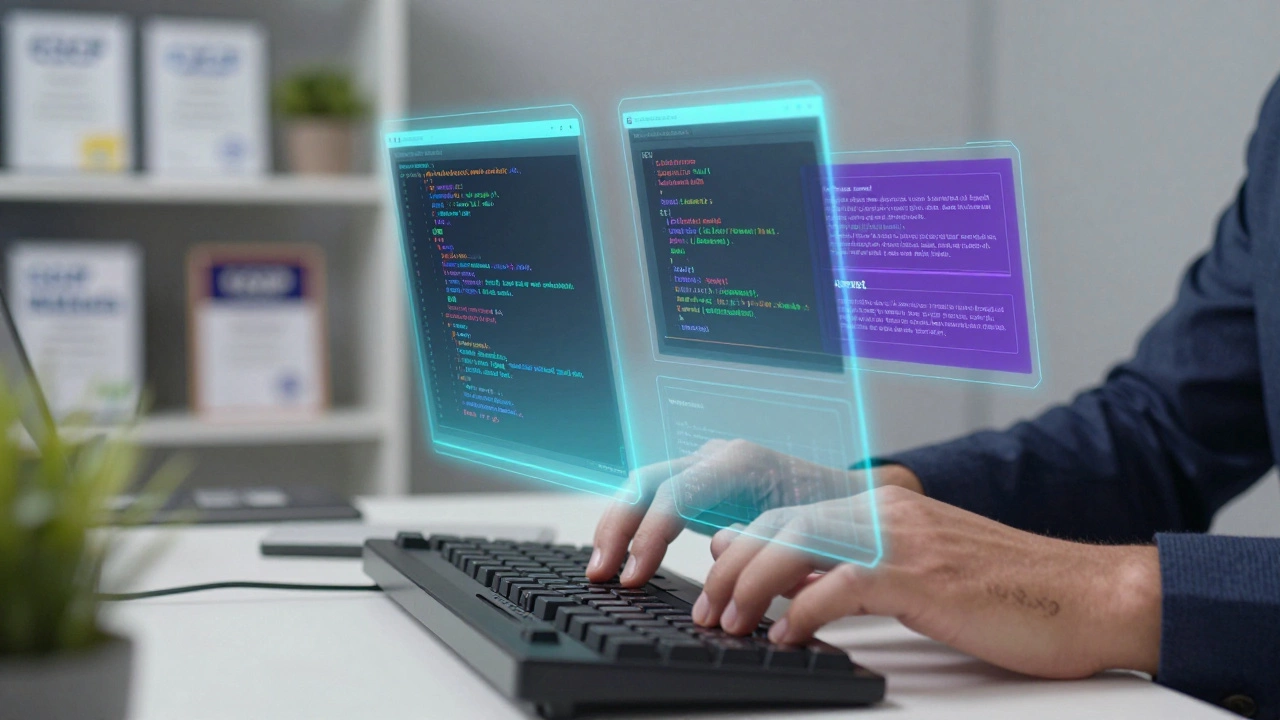 Data scientist working with holographic predictive models and code in a modern office.