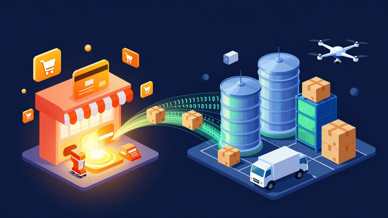 Digital art connecting online shopping icons with physical supply chain networks.