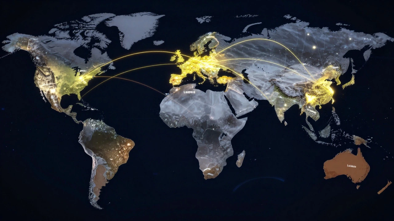Digital globe showing glowing international shipping route networks