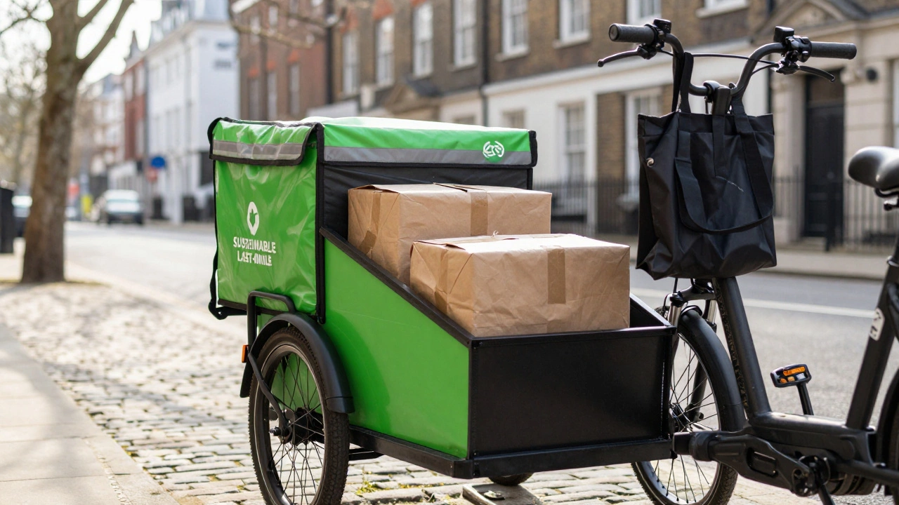 Electric cargo bike with eco-friendly packaged goods on a quiet UK street.