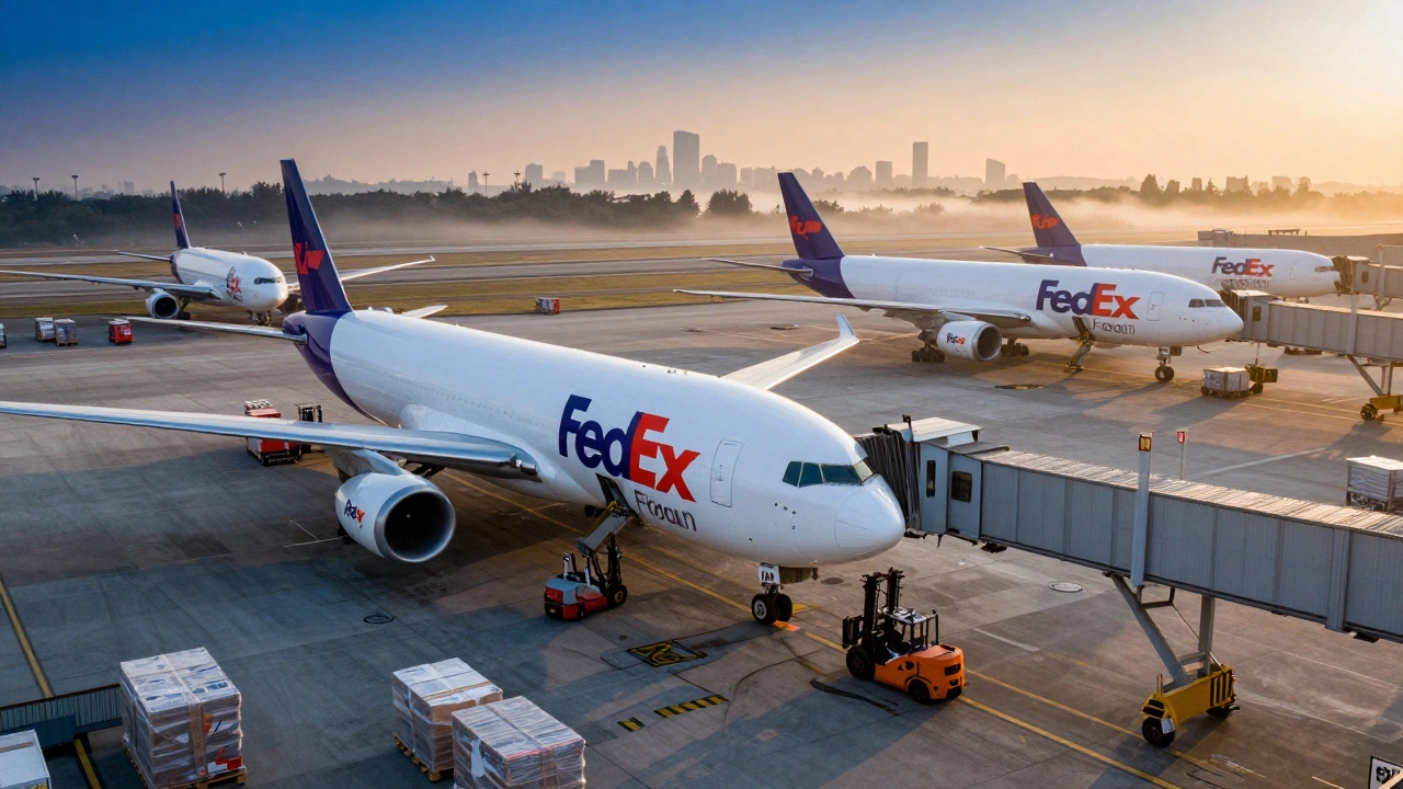 FedEx cargo planes being loaded at an airport during sunrise
