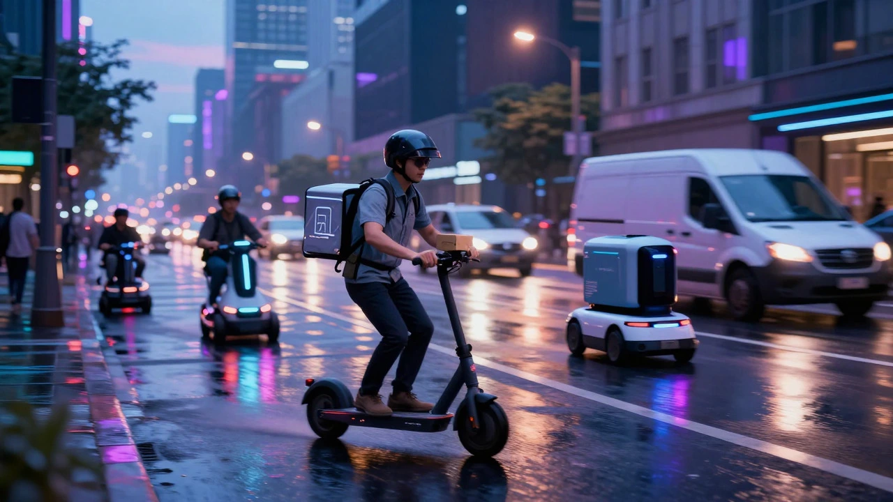 Gig courier on scooter in futuristic city street