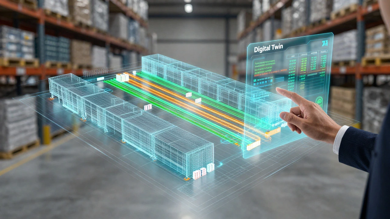 Holographic digital twin simulation of warehouse operations for optimization.