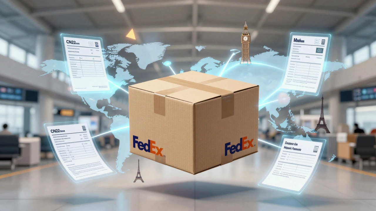Illustration of a package surrounded by glowing customs documents and global icons
